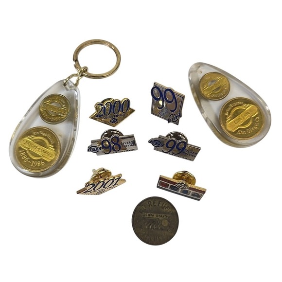 MTS San Diego Transit Pins Bundle of 9 1998-2001 Service Awards Token Key Fobs